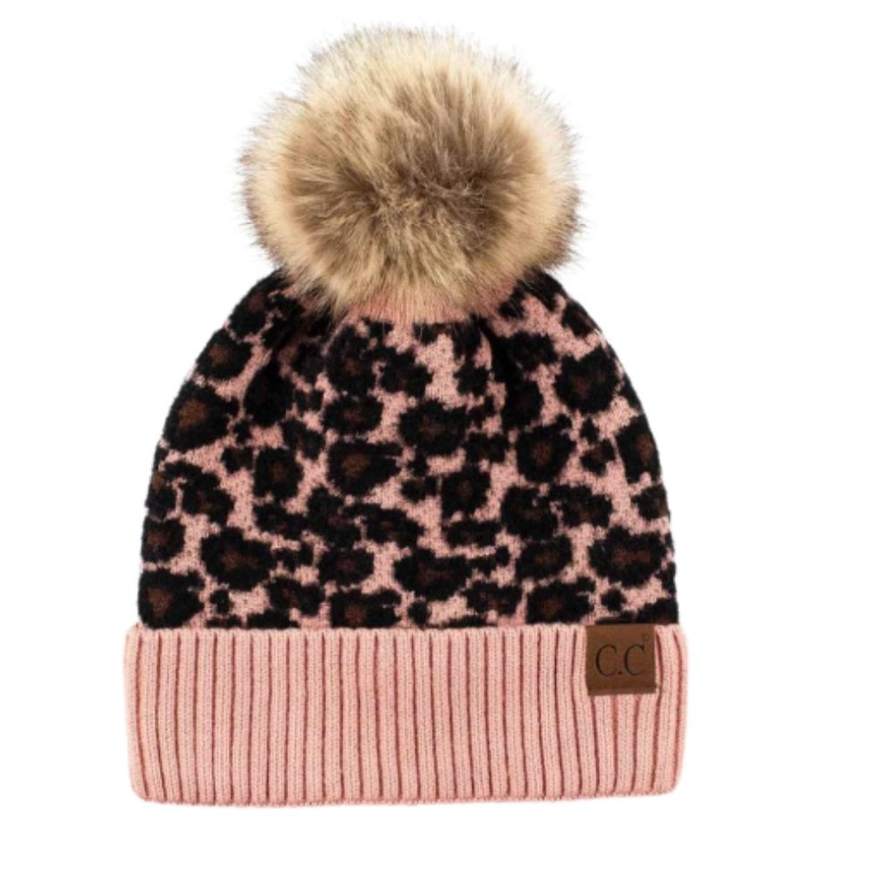 Leopard Pom Beanie Pink